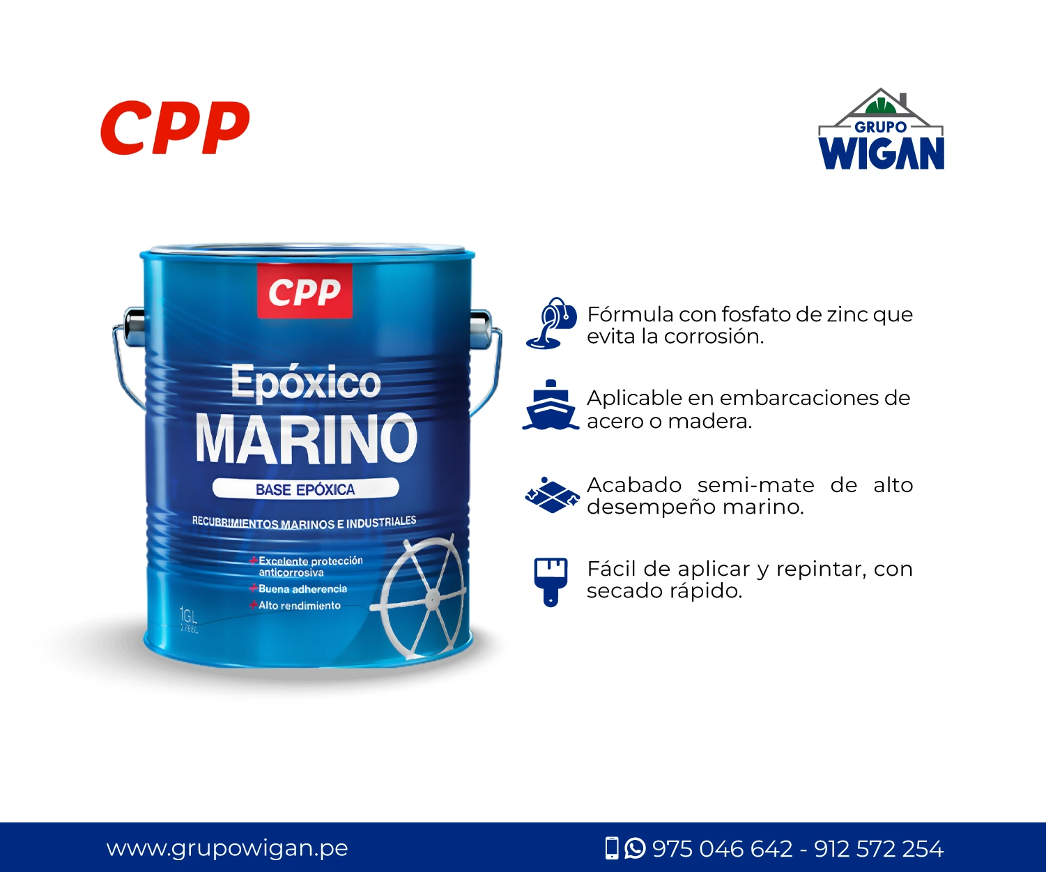 Características de la Base Epóxica Marina CPP: anticorrosivo, fosfato de zinc, semi-mate, fácil aplicación.
