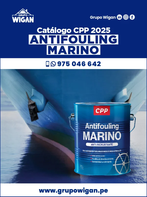 Portada del catálogo de Antifouling Marino CPP. Muestra una lata de pintura azul oscuro frente a la parte inferior de la proa de un barco.