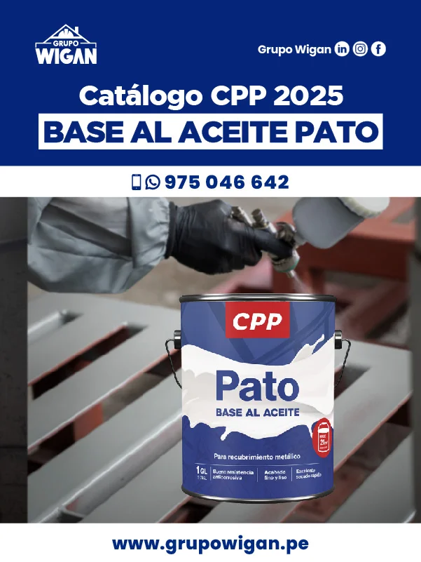 Portada del catálogo de Base al Aceite Pato. Muestra una lata de pintura junto a una reja metálica siendo pintada con un aerógrafo.
