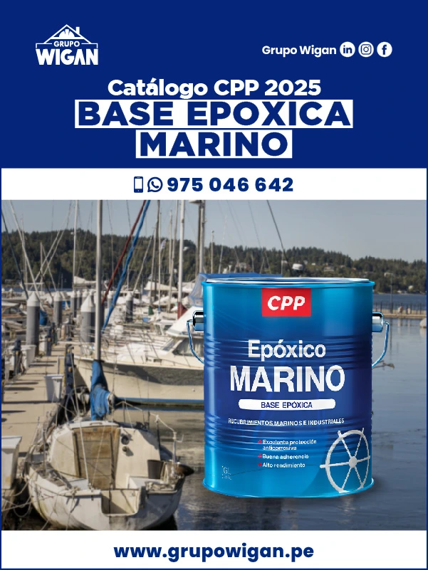 Portada del catálogo de Base Epóxica Marino. Muestra una lata de la base marina CPP sobre un fondo de yates en un muelle.