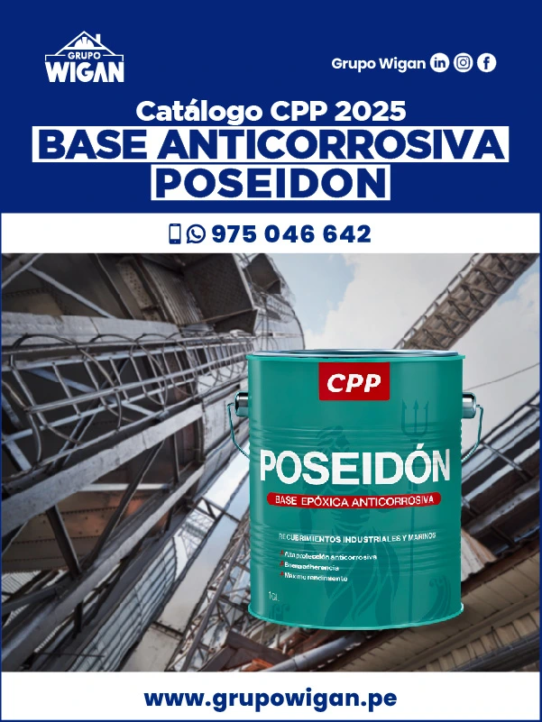 Portada del catálogo de Base Epóxica Anticorrosiva Poseidón. Muestra una lata de pintura verde turquesa sobre un fondo de estructuras metálicas oxidadas.