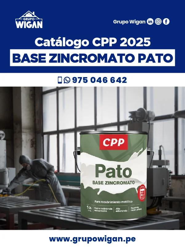 Portada del catálogo de Base Zincromato Pato. Muestra una lata de pintura del producto frente a un trabajador aplicando la base en una estructura metálica.