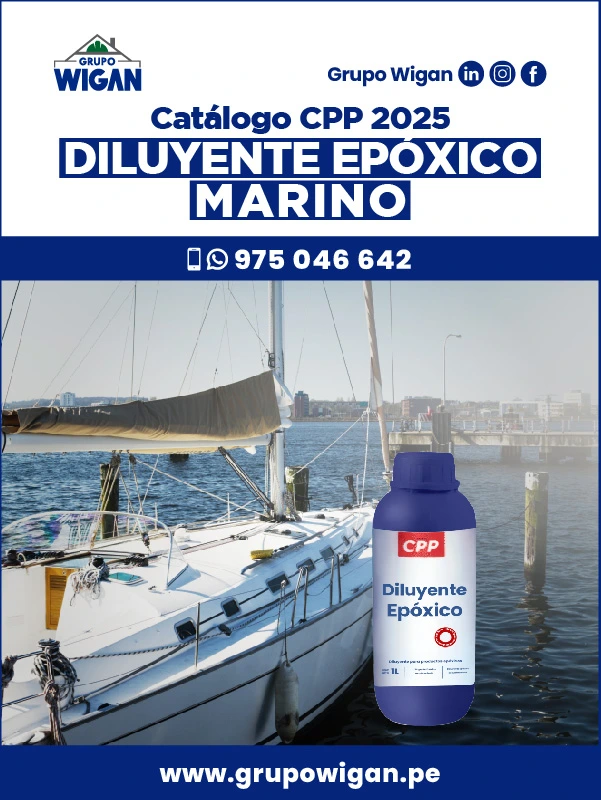 Portada del catálogo de Diluyente Epóxico Marino. Muestra una botella del diluyente frente a un velero navegando en el muelle.