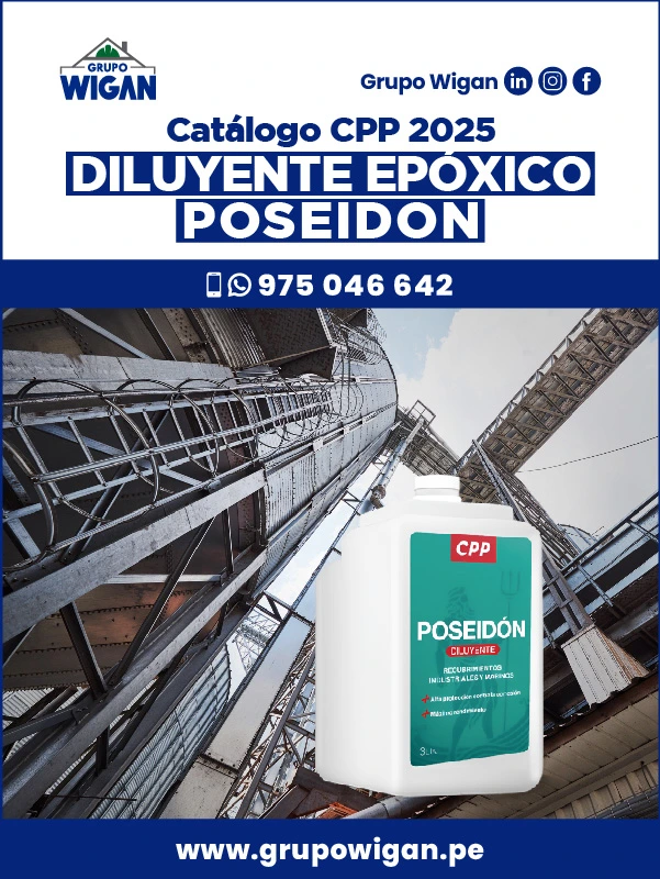 Portada del catálogo de Diluyente Epóxico Poseidón. Muestra una botella del diluyente frente a una estructura industrial de metal.