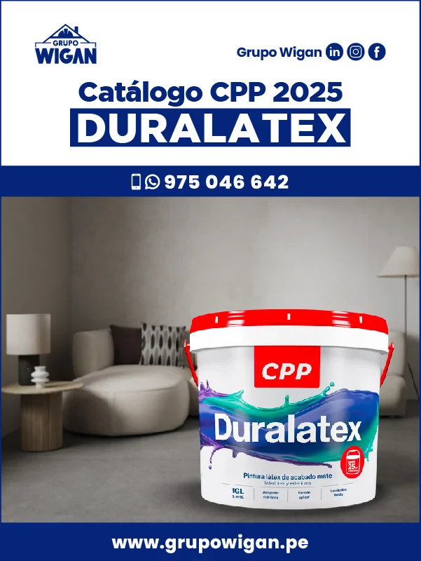 Portada del catálogo de Duralatex CPP. Muestra una lata de pintura látex sobre un fondo de una sala de estar moderna.