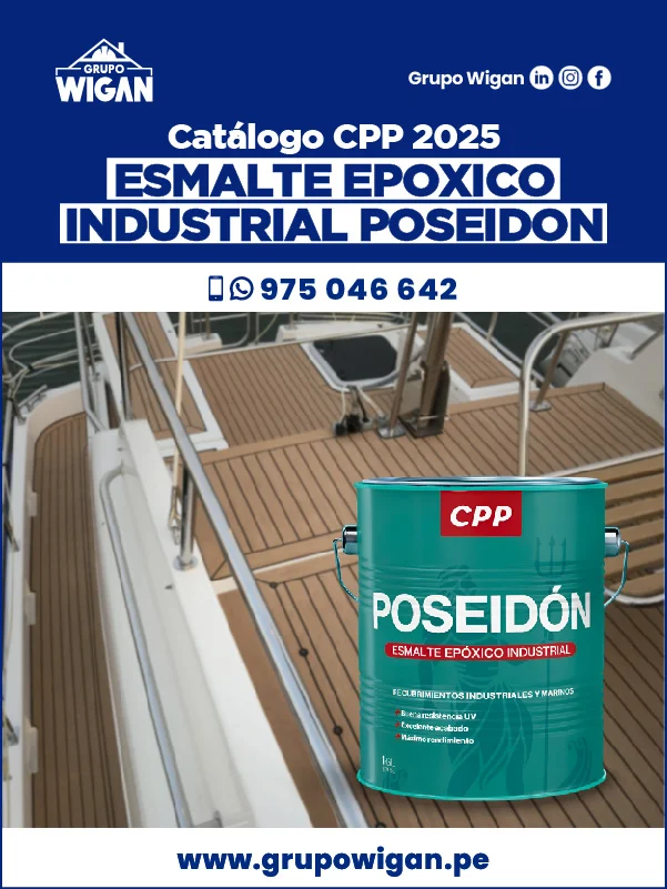 Portada del catálogo de Esmalte Epóxico Industrial Poseidón CPP. Muestra una lata de pintura sobre un fondo de una cubierta de madera.