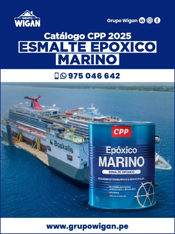 Portada del catálogo de Esmalte Epóxico Marino CPP. Muestra una lata de pintura azul sobre un fondo de un gran barco en el mar.
