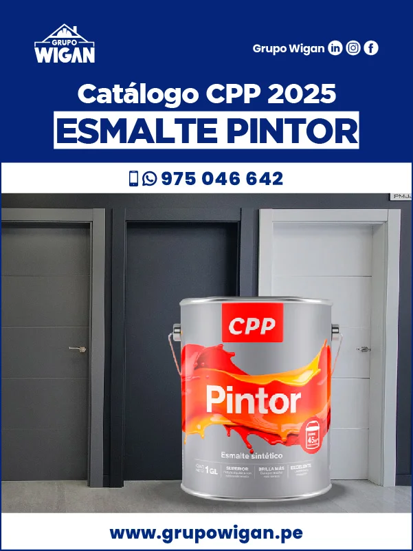 Portada del catálogo de Esmalte Pintor. Muestra una lata de esmalte Pintor sobre un fondo de tres puertas pintadas de diferentes colores.