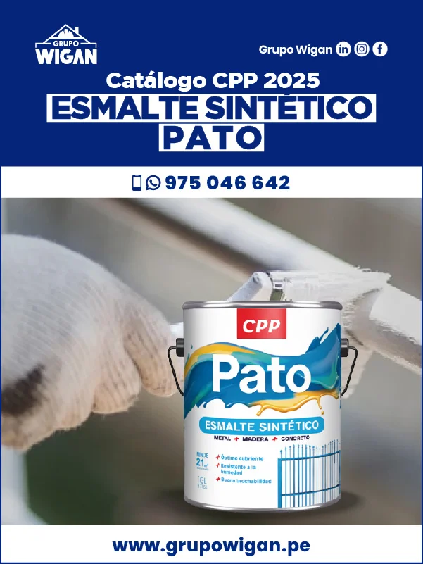 Portada del catálogo de Esmalte Sintético Pato. Muestra una lata de esmalte sobre un fondo de una reja de metal siendo pintada.