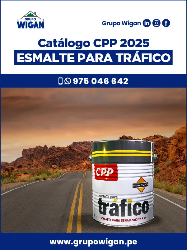 Portada del catálogo de Esmalte para Tráfico CPP. Muestra una lata de pintura para señalización vial con una carretera con doble línea amarilla al fondo.