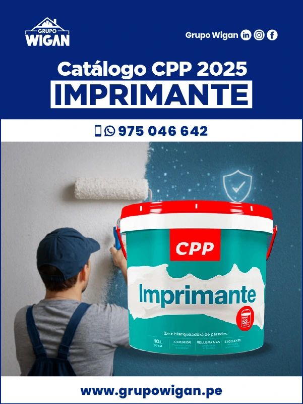 Portada del catálogo de Imprimante CPP. Muestra a un pintor aplicando la pintura con un rodillo sobre una pared, junto a una lata del producto.