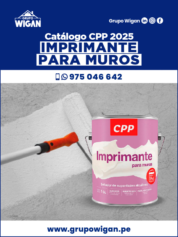 Portada del catálogo del Imprimante para Muros CPP. Muestra una lata de pintura y un rodillo pintando una pared de cemento.
