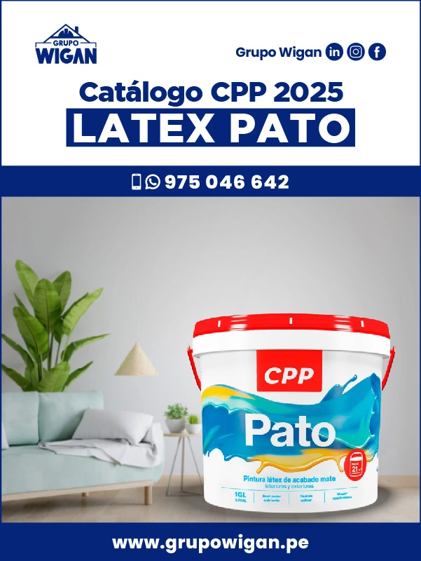 Portada del catálogo de Látex Pato CPP. Muestra un balde de pintura látex sobre un fondo de una sala de estar minimalista.