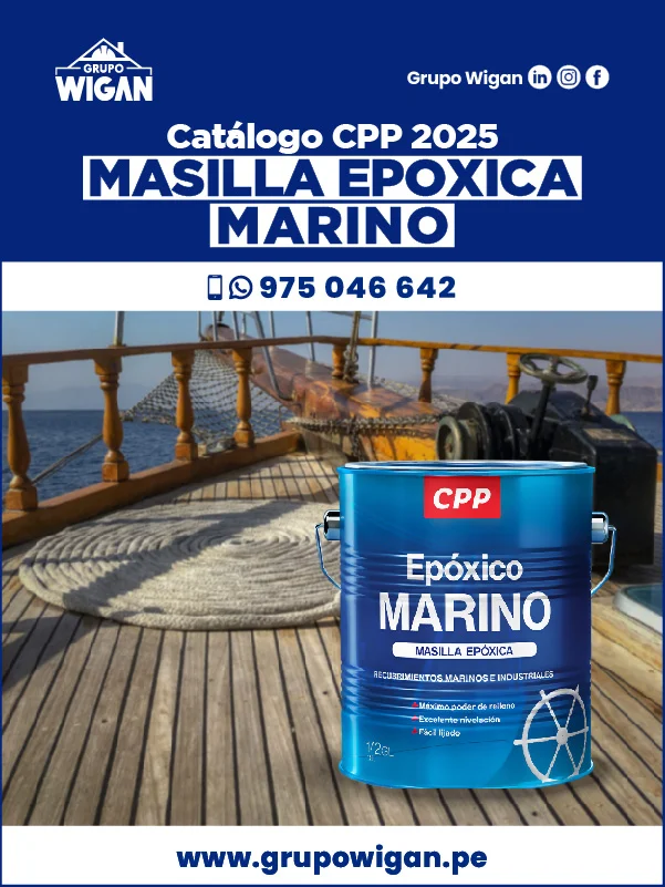 Portada del catálogo de Masilla Epóxica Marino CPP. Muestra una lata de masilla sobre la cubierta de madera de un velero, con sogas y la barandilla de fondo.