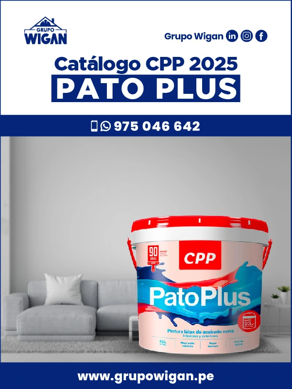 Portada del catálogo de Pato Plus CPP. Muestra un balde de pintura látex sobre el fondo de una sala de estar moderna.