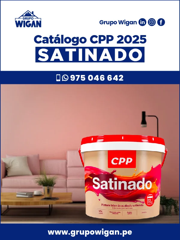 Portada del catálogo de Satinado CPP. Muestra una lata de pintura satinada sobre un fondo de una sala de estar moderna con paredes pintadas de color rosa.