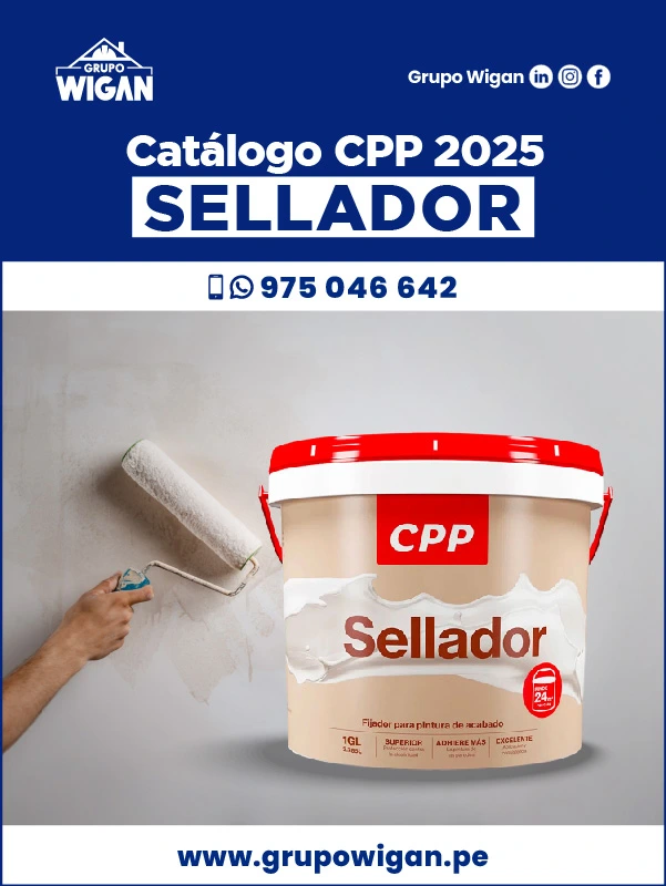 Portada del catálogo de Sellador CPP. Muestra un rodillo aplicando sellador blanco sobre una pared, junto a un balde del producto.