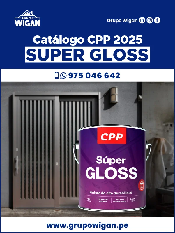 Portada del catálogo de Super Gloss. Muestra una lata de pintura con un acabado brillante, frente a una puerta de metal.
