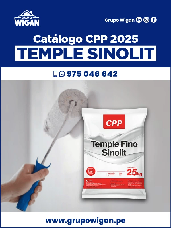 Portada del catálogo de Temple Fino Sinolit. Muestra un rodillo aplicando el temple en una pared, junto a una bolsa de 25 kg del producto.