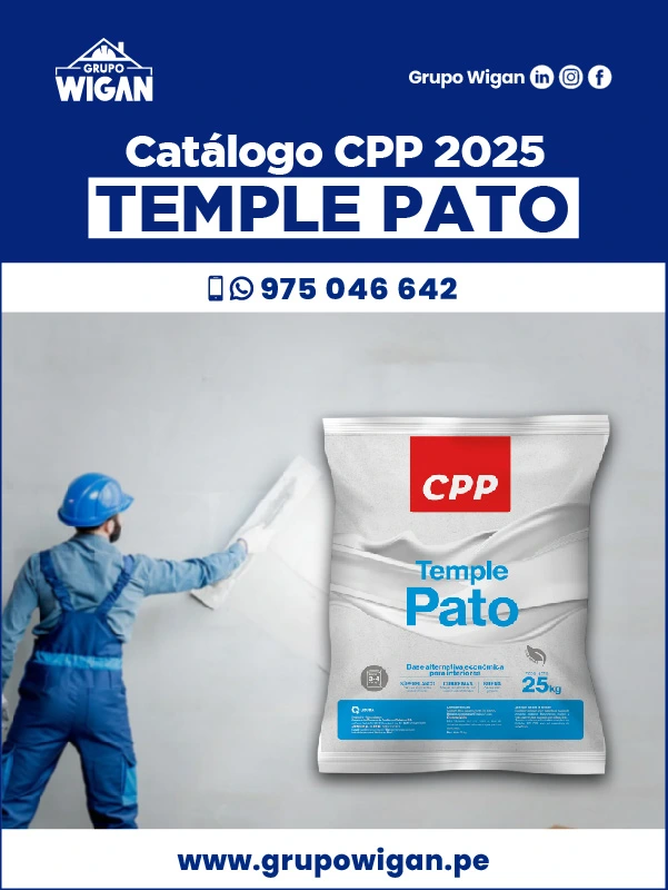 Portada del catálogo de Temple Pato. Muestra a un pintor aplicando el temple en una pared, junto a una bolsa de 25 kg del producto.