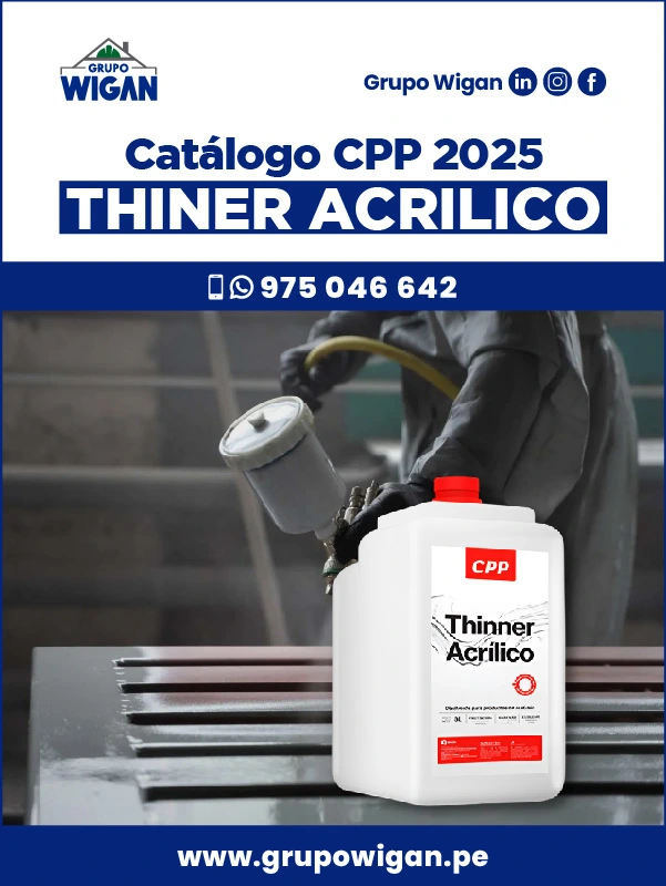 Portada del catálogo de Thinner Acrílico CPP. Muestra un galón del producto junto a un pintor que utiliza una pistola de aire para pintar una superficie.