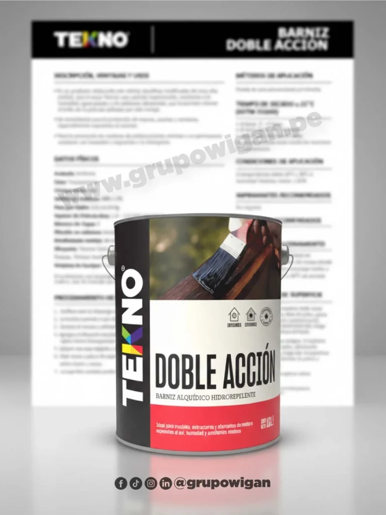Barniz Doble Acción Tekno con ficha técnica, acabado alquídico hidrorrepelente para protección de madera interior y exterior