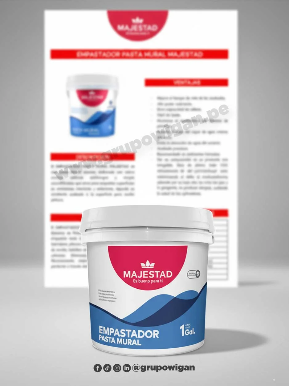 Empastador pasta mural Majestad con ficha técnica para nivelación y reparación de muros