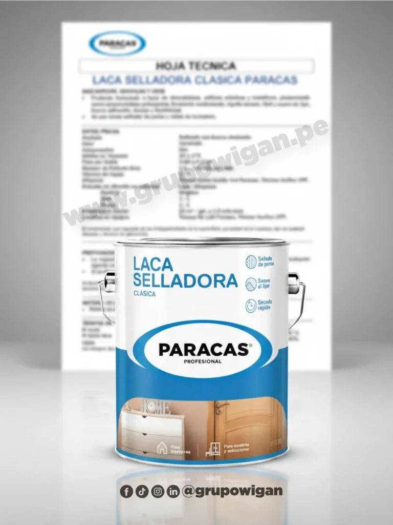 Laca selladora clásica Paracas con ficha técnica para sellado y preparación de superficies de madera