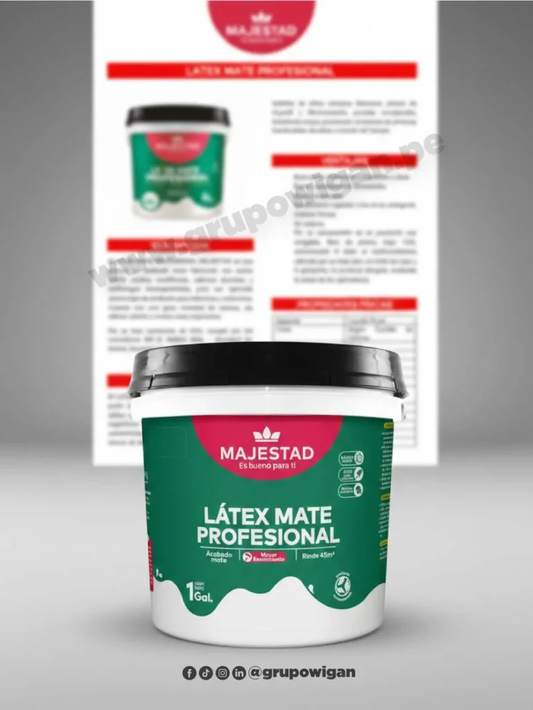 Pintura látex mate Profesional Majestad con ficha técnica para acabados interiores en muros