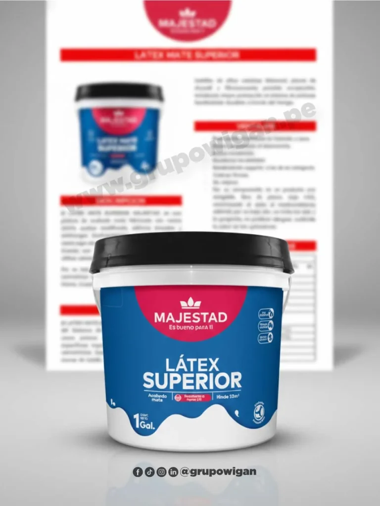 Pintura látex mate Superior Majestad con ficha técnica para acabados interiores en muros