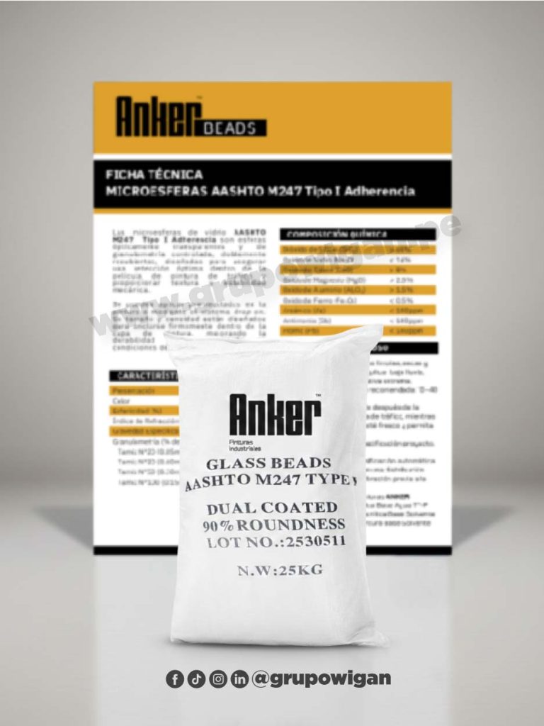 Microesferas Anker AASHTO M247 Tipo I con ficha técnica para señalización vial