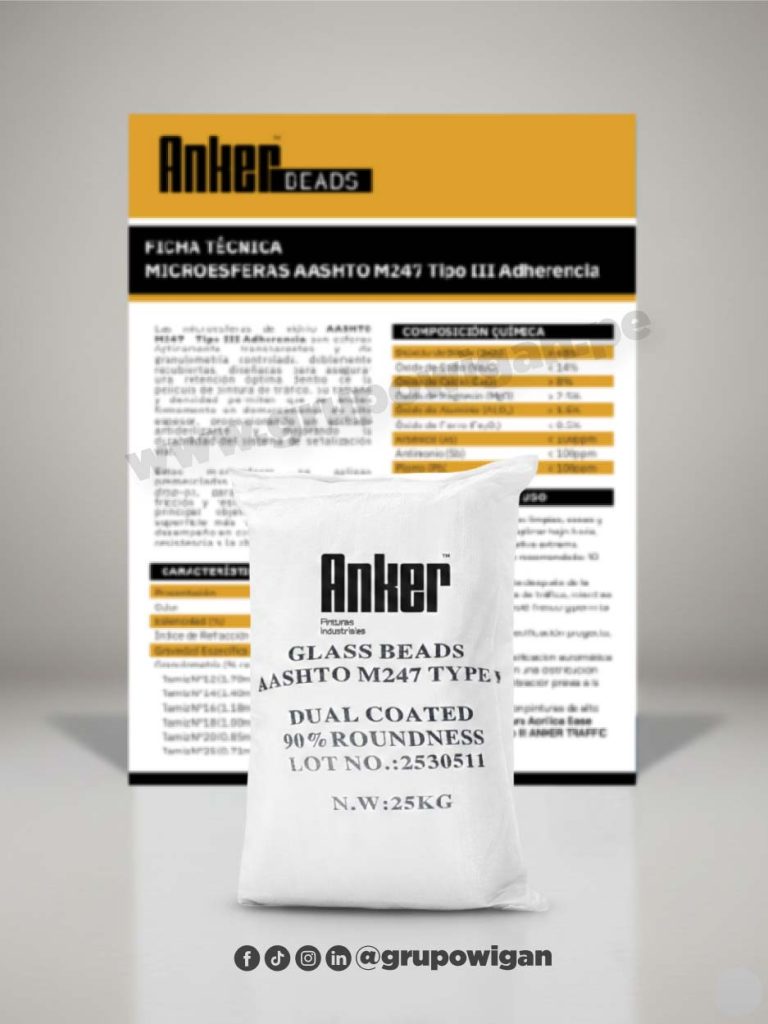 Microesferas Anker AASHTO M247 Tipo III Adherencia con ficha técnica para señalización vial