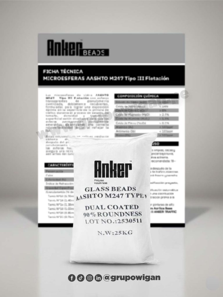 Microesferas Anker AASHTO M247 Tipo III Flotación con ficha técnica para señalización vial