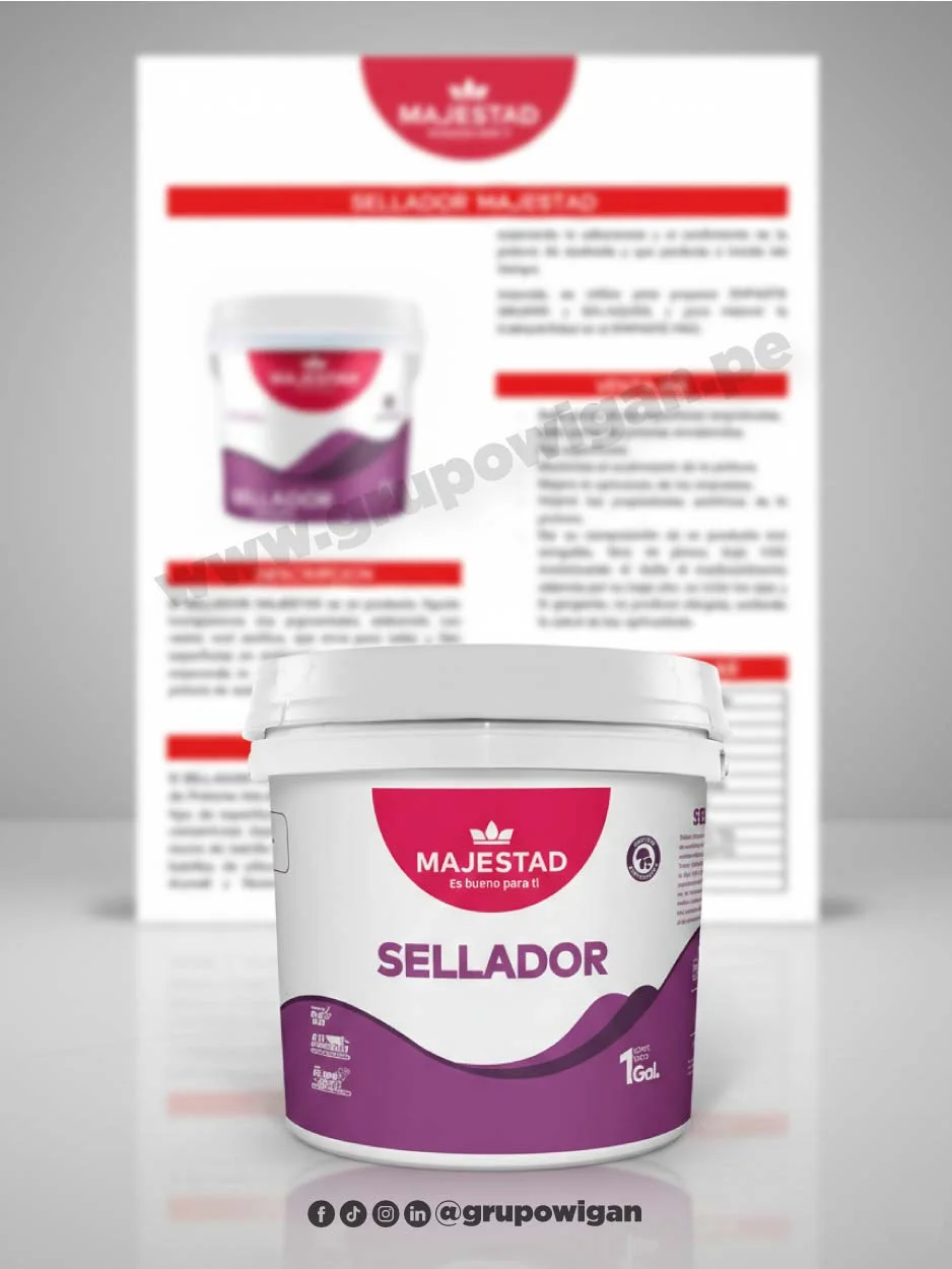 Sellador acrílico Majestad con ficha técnica para sellado y preparación de superficies antes del pintado