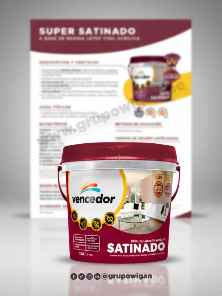 Pintura látex Super Satinado Vencedor con ficha técnica para acabados satinados en muros interiores