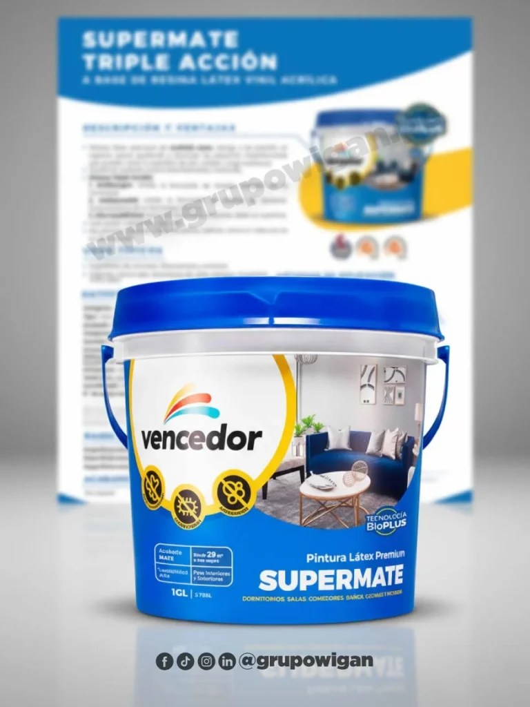 Pintura látex Supermate Triple Acción Vencedor con ficha técnica para acabados interiores de alto rendimiento