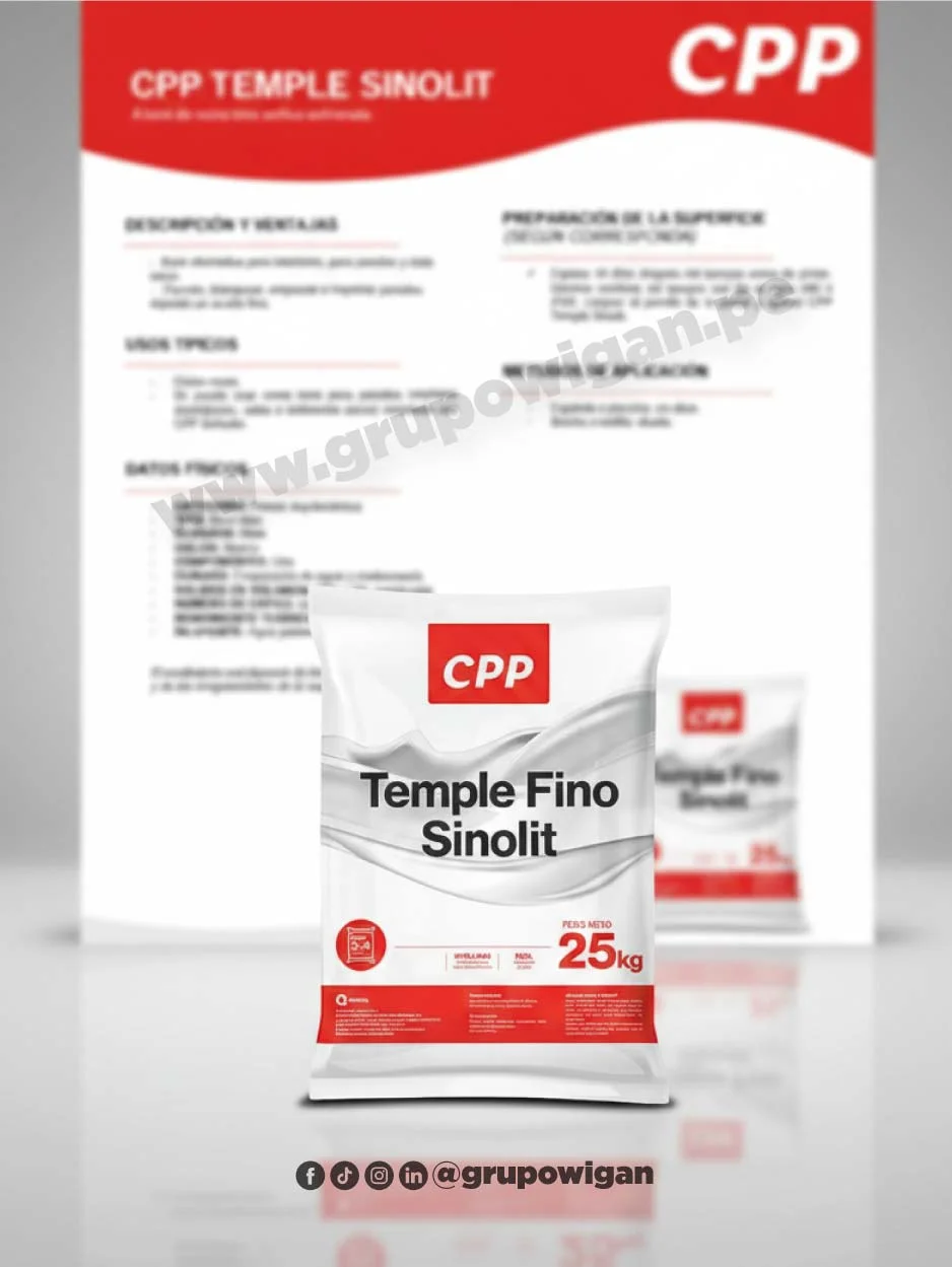 Temple fino Sinolit CPP con ficha técnica para recubrimiento y acabado de muros interiores