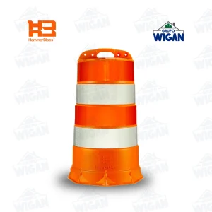 Cilindro vial reflectivo HammerBlocs color naranja para seguridad en carreteras.