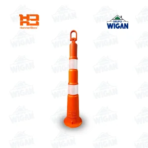 Hito delineador vial HammerBlocs color naranja con bandas reflectivas para seguridad vial.