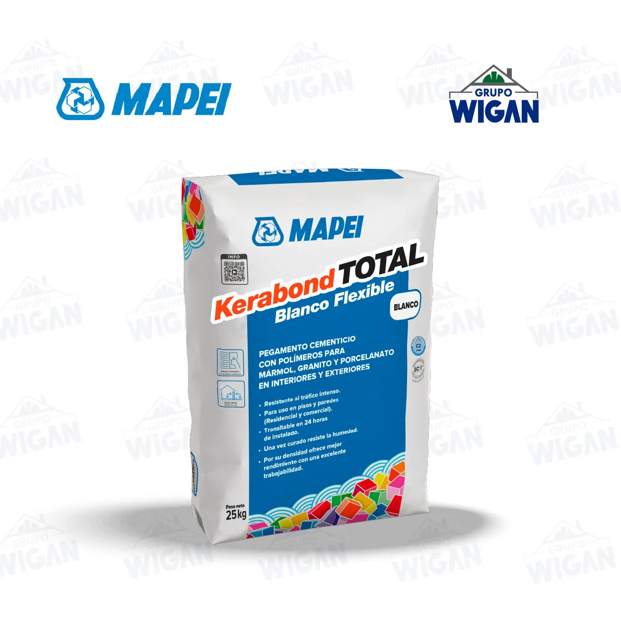 Saco de 25 kg de adhesivo cementicio Kerabond Total Blanco Flexible de Mapei.