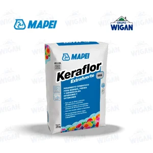 Bolsa de 25 kg de adhesivo cementicio Keraflor Extrafuerte Mapei.